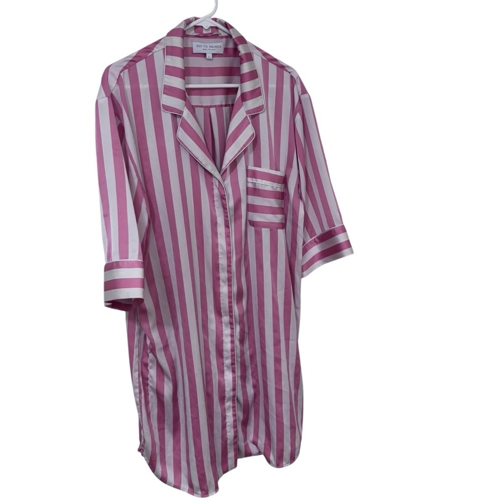Bed to Brunch Pink white Striped satin Button-Up boyfriend pajama dress L